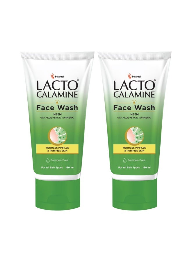 Lacto Calamine Neem Face Wash With Aloe Vera & Turmeric | 150ml each- Pack of 2 | Niacinamide & Salicylic Acid Face Wash | Facewash Reduces Pimples, Purifies Skin & Oil Control | For All Skin Types - Image 1